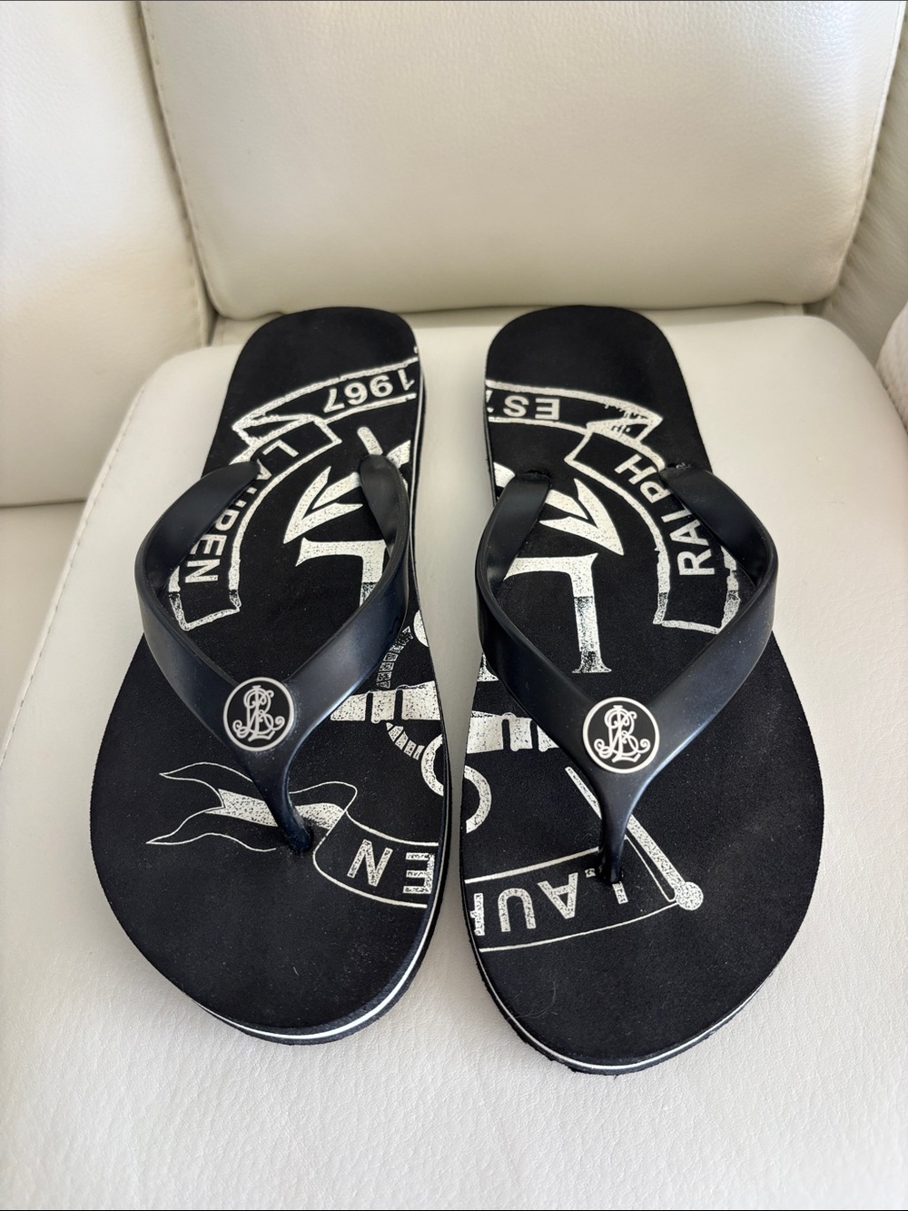Ralph Lauren Black Flip Flop Sandals with Logo Medallion